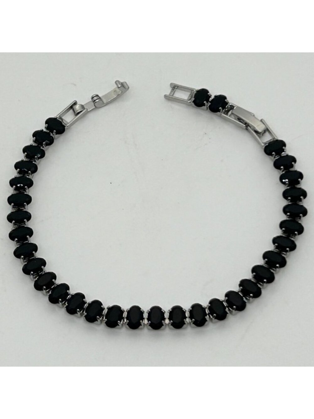 Tennis Bracelet Silver Tone Black Oval Cubic Zirconia Stackable Link Modern